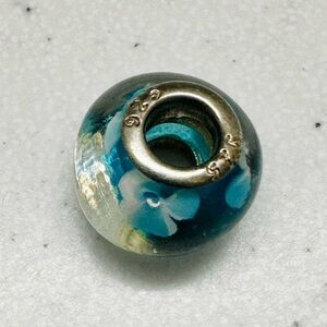 925 & Glass Teal Blue with White Flowers Charm Bead